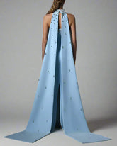 Light blue crepe dress with full embroidered - Carolina